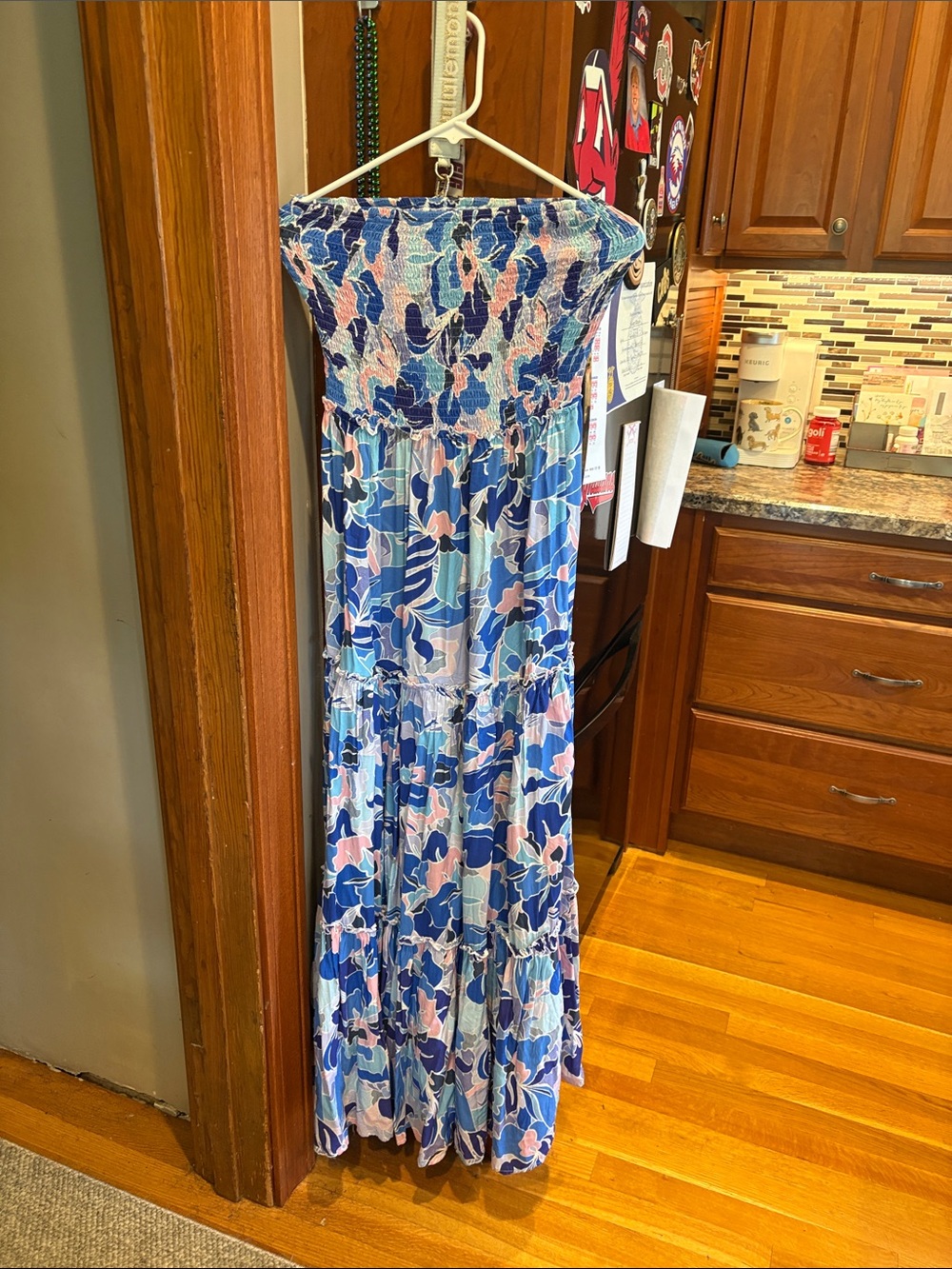 Strapless Floral Maxi Dress in Blue and Pink